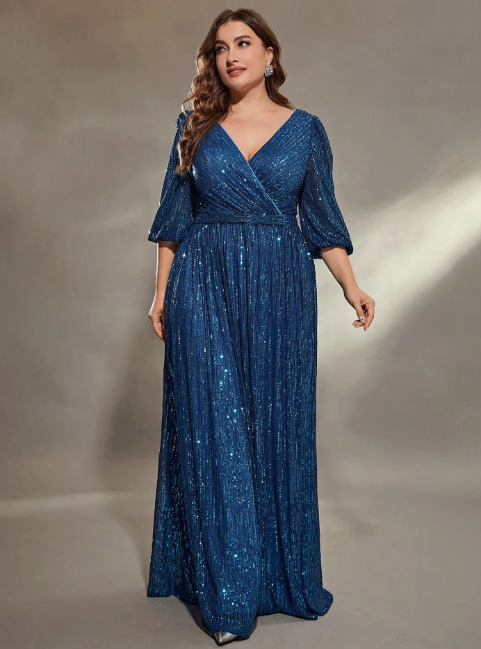 A Linie Glitzer Maxi Kleid Elegant für Hochzeitsgäste in Blau mit V&nbsp;Ausschnitt