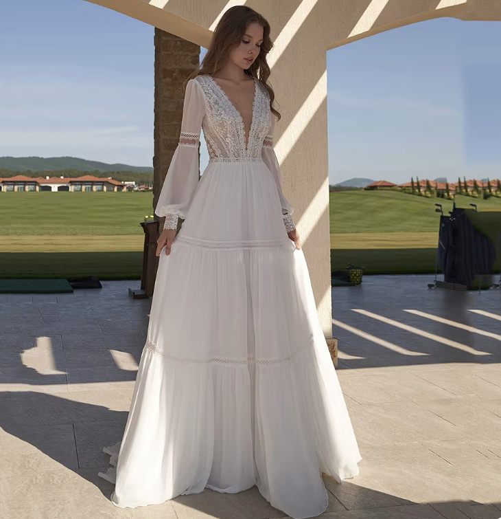 A Linie Langarm Boho Brautkleid mit Spitze und V&nbsp;Ausschnitt