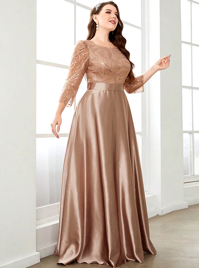 A Linie Langarm Maxikleid Elegant für Hochzeitsgäste in Champagne mit Rundhals Ausschnitt
