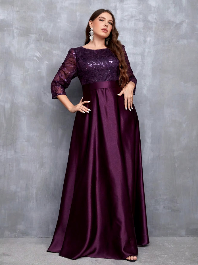 A Linie Langarm Maxikleid Elegant für Hochzeitsgäste in Lila mit Rundhals&nbsp;Ausschnitt