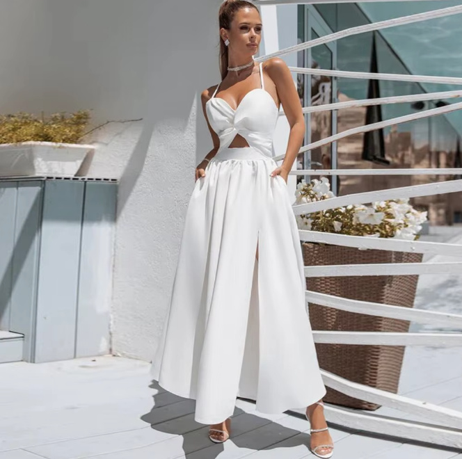 A Linie Spaghetti Träger Standesamt Kleid Callisto mit Schlitz in&nbsp;Weiß