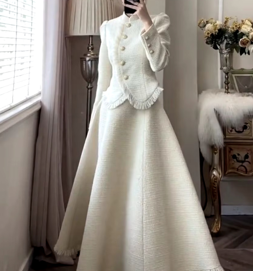 A Linie Tweed Köstüm für die Braut Weiß&nbsp;Standesamtmode