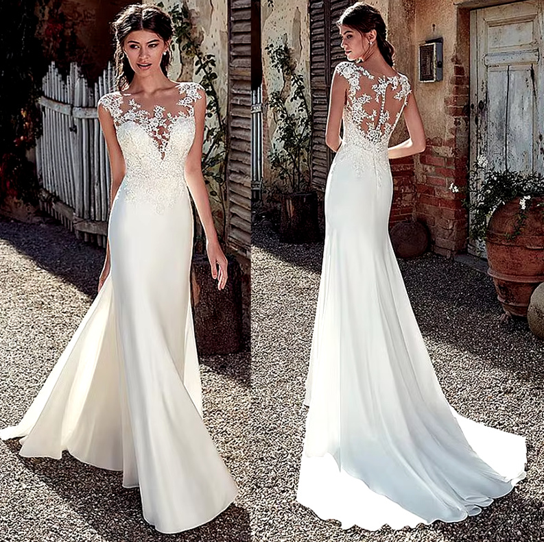 Ärmelloses Fit and Flare Brautkleid Corinna mit Pinselschleppe und Illusion&nbsp;Ausschnitt