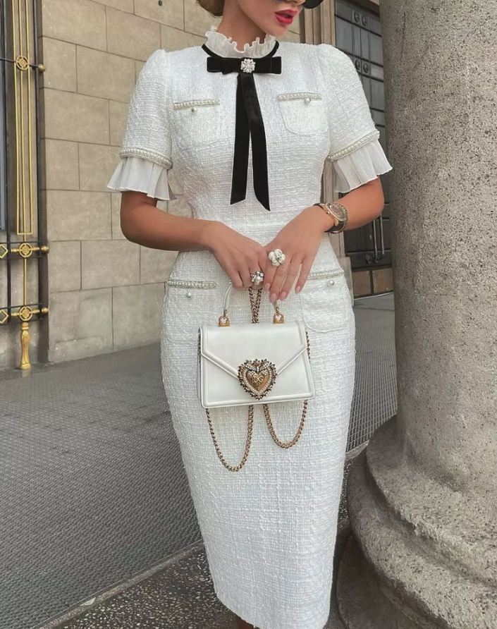 Bleistift Tweed Kurzarm Standesamtkleid Wadenlang Elegant in Vintage&nbsp;Style