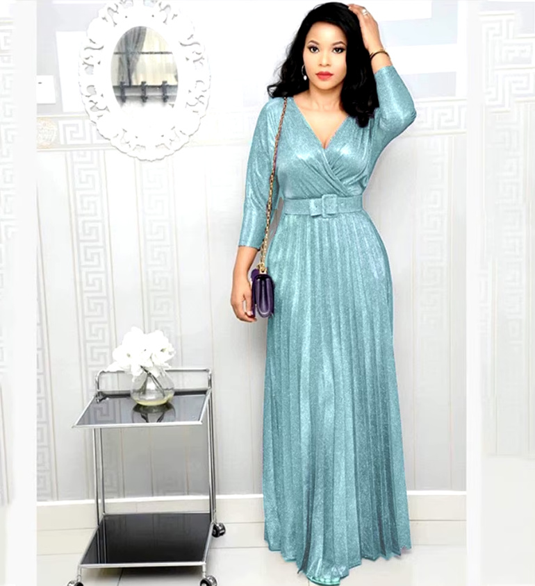 Langarm Maxi Kleid Elegant mit Gürtel Plissiert in&nbsp;Himmelblau