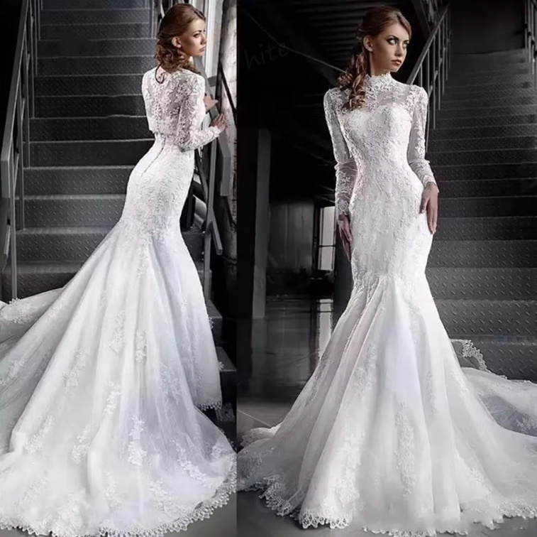 Langarm Meerjungfrau Fit and Flare Brautkleid Darya aus Spitze Hochgeschlossen mit&nbsp;Schleppe