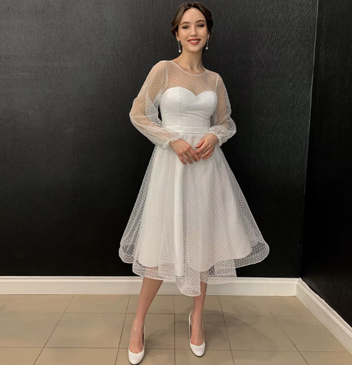 Vintage Style Brautkleid Cindy Wadenlang mit Tüll Ärmel&nbsp;Gepunktet