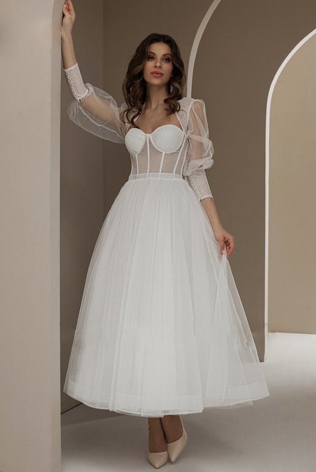 Langarm Vintage Style Brautkleid Darina Knöchellang mit Tüll&nbsp;Ärmel