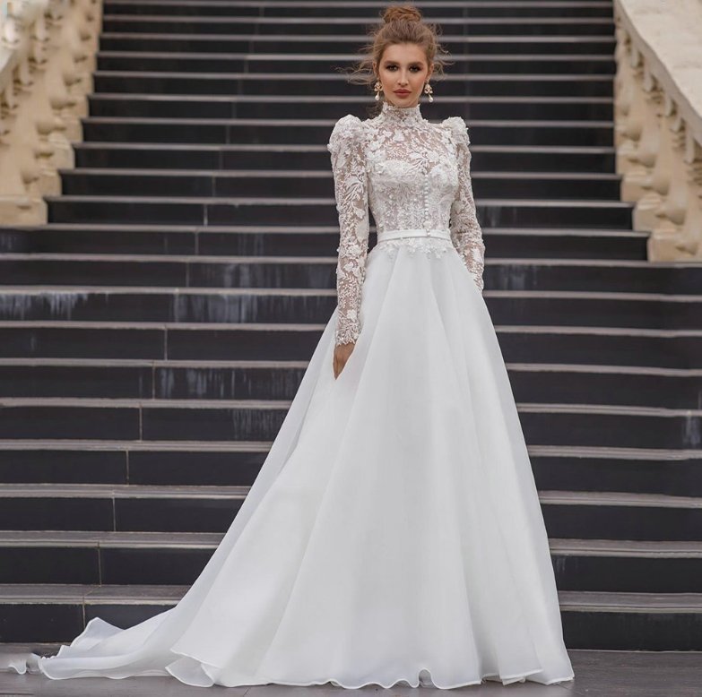 A-Linie Langarm Brautkleid Dina mit Spitzen Ärmel Hochgeschlossen&nbsp;Bodenlang