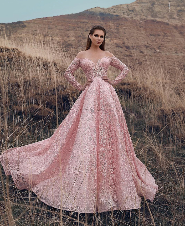 Langarm A-Linie Brautkleid Eugenie mit Spitze in Rosa&nbsp;Romantisch