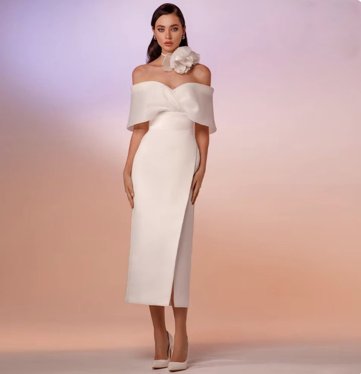 Schulterfreies Bleistift Brautkleid Aysu Schlicht Knöchellang