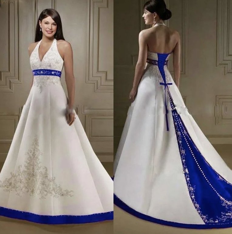 Neckholder Träger Brautkleid Angelica in Weiß Royalblau mit Stickereien