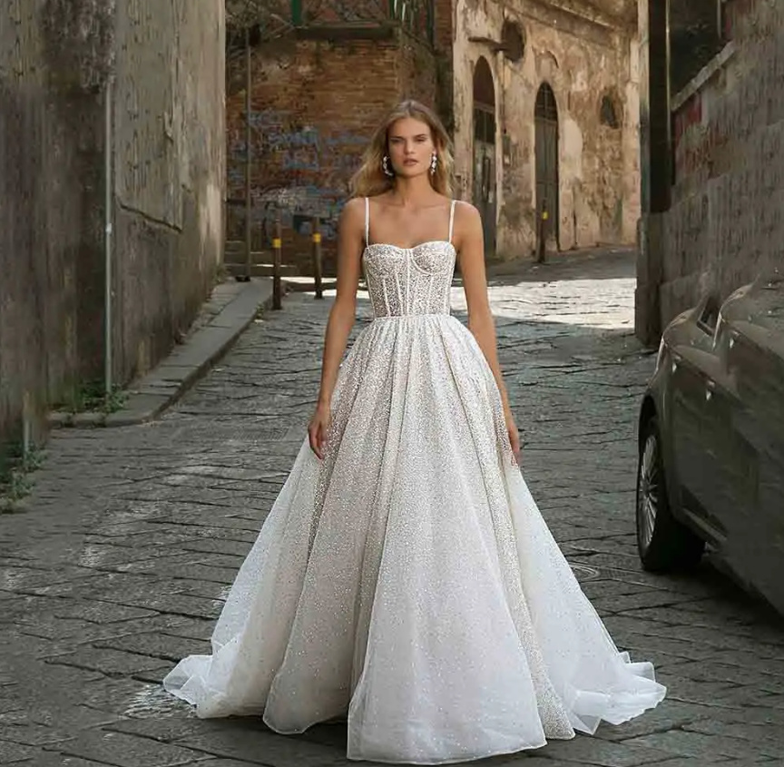 Funkelndes Pailletten Brautkleid Banu Plissiert&nbsp;Bodenlang