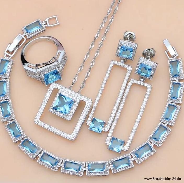 Brautschmuck Set Linette 925 Sterling Silber Halskette Armband Ohrringe Ring&nbsp;Himmelblau