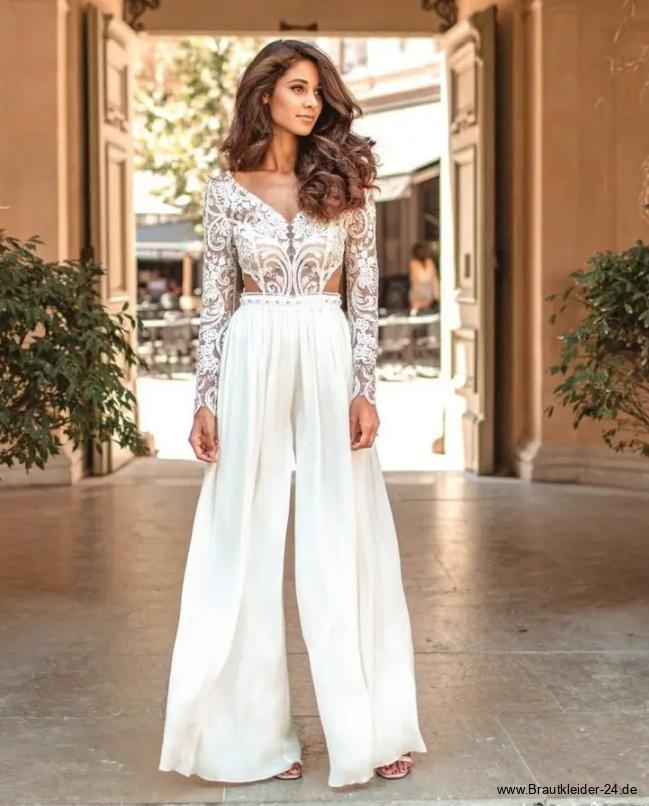 Langarm Hochzeit Overall Einteiler Outfit mit Tatttoo Spitze und Cut Out&nbsp;Brautmode