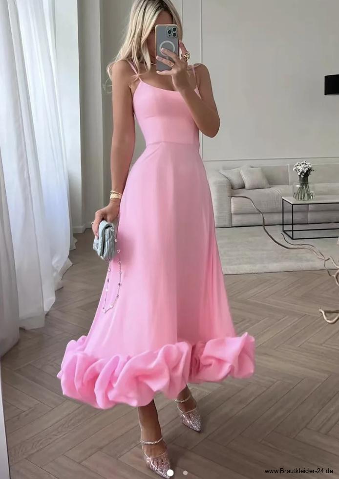 A Linie Spaghettiträger Standesamtkleid 2024 Leena Knöchellang mit Rüschen in&nbsp;Rosa