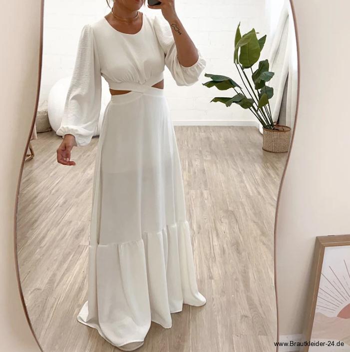 Langarm Boho Standesamtkleid Leticia in Weiß Bodenlang mit Cut&nbsp;Outs