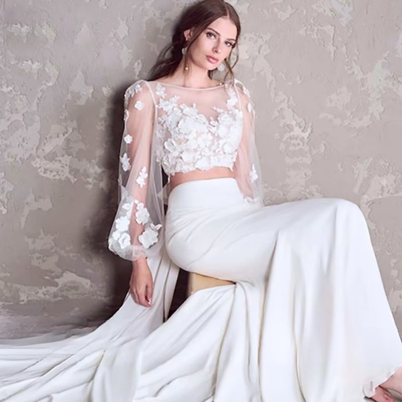 Langarm Fit and Flare Brautkleid Zweiteilig Weiß