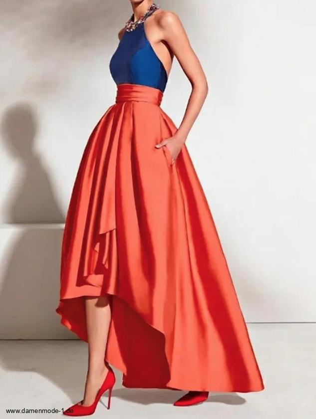 Neckholder Träger Satin Abendkleid Vorne Kurz Hinten Lang in Blau&nbsp;Orange