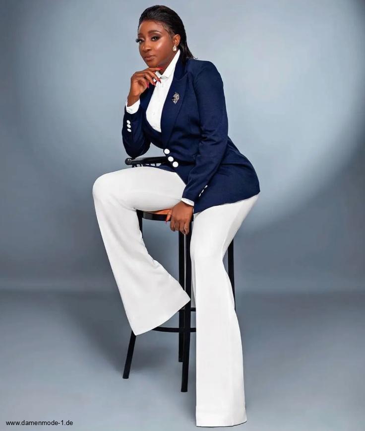 Damen Hosenanzug in Marineblau Weiß Asymmetrisch&nbsp;Festlich