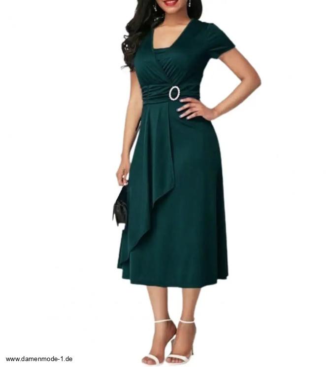 Elegantes A Linie Kleid Aitana in Dunkelgrün mit V Ausschnitt&nbsp;Wadenlang