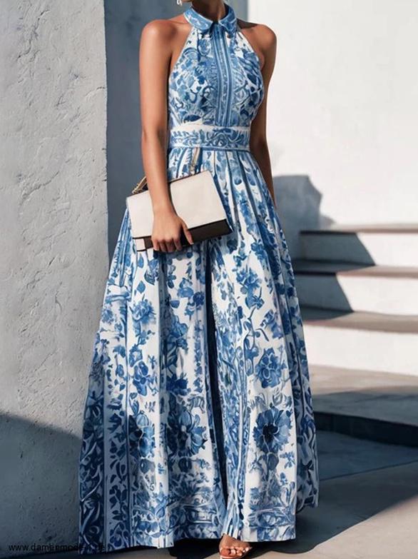 Ärmelloses Boho Maxi Sommerkleid Elegant in Blau&nbsp;Weiß