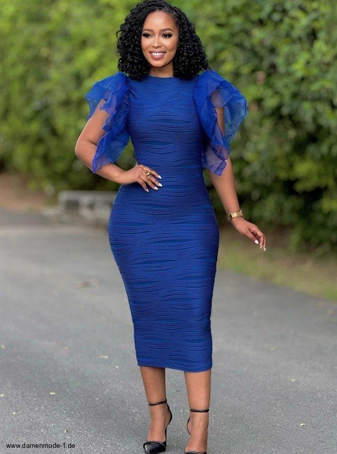 Bleistift Bodycon Cocktailkleid mit Rüschen Ärmel in&nbsp;Dunkelblau