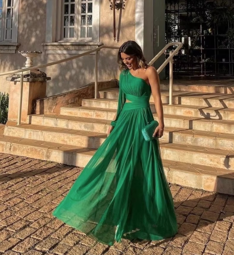 One Shoulder Chiffon Kleid Elegant für Hochzeitsgäste und Events in&nbsp;Grün