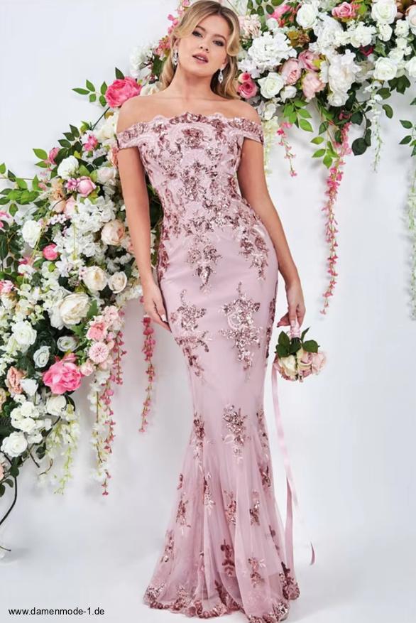 Schulterfreies Fit and Flare Abendkleid Lang in Rosa mit&nbsp;Spitze