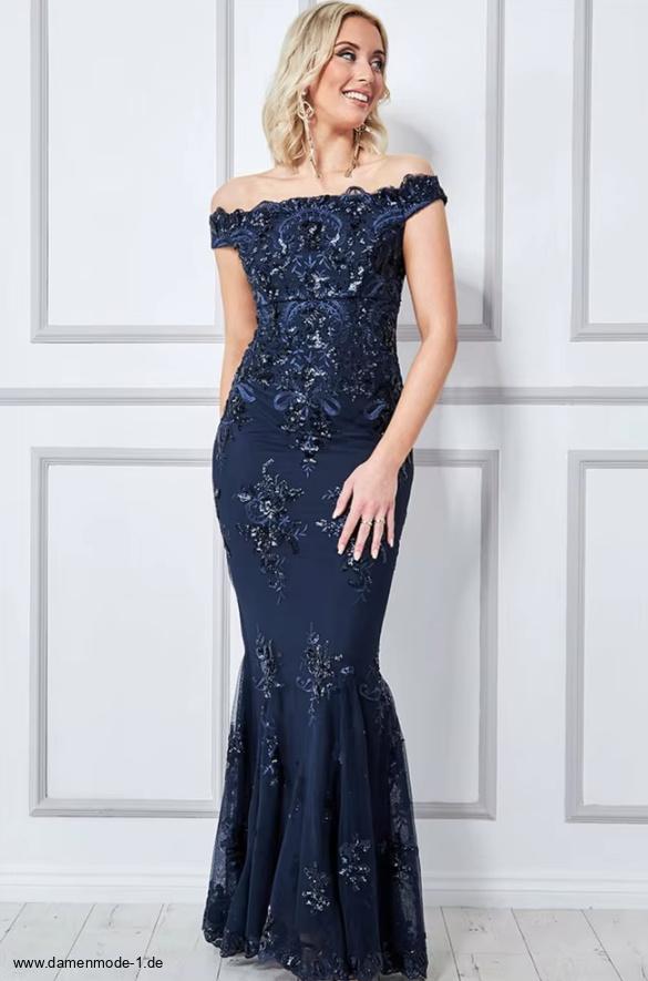 Schulterfreies Fit and Flare Abendkleid Lang in Dunkelblau mit&nbsp;Spitze