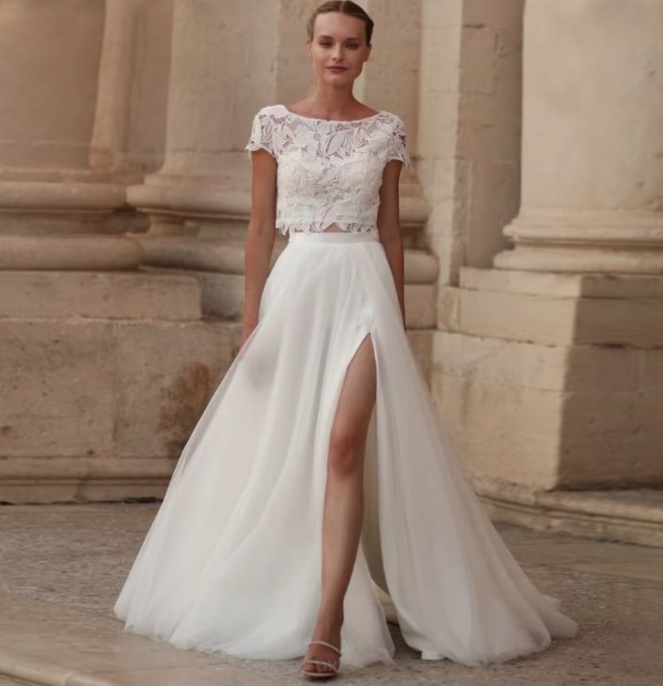 Zweiteiliges A Linie Brautkleid Cinzia mit Spitze und Tüll&nbsp;Bodenlang