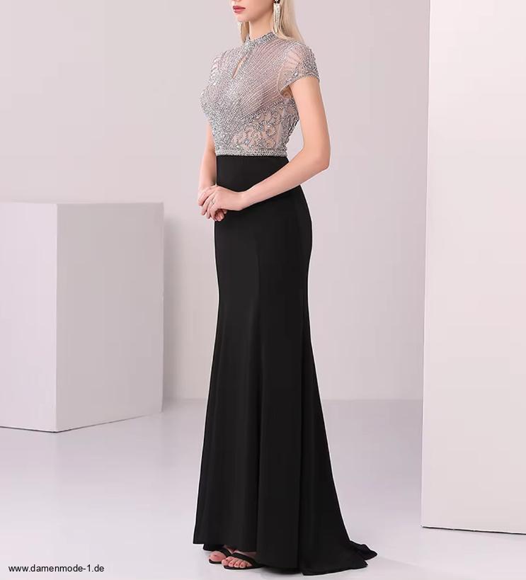 Luxus Sparkly High Neck Abendkleid Brigitte mit Perlen in Schwarz&nbsp;Silber