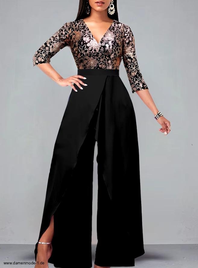 Eleganter Einteiler A Linie Jumpsuit in Schwarz&nbsp;Gold