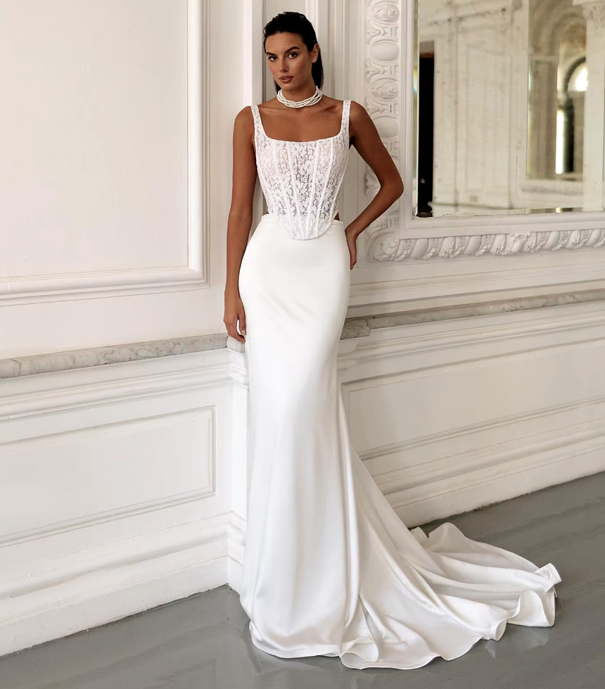 Zweiteiliges Fit and Flare Mieder Brautkleid Cathy mit Spitze und Pinsel Schleppe