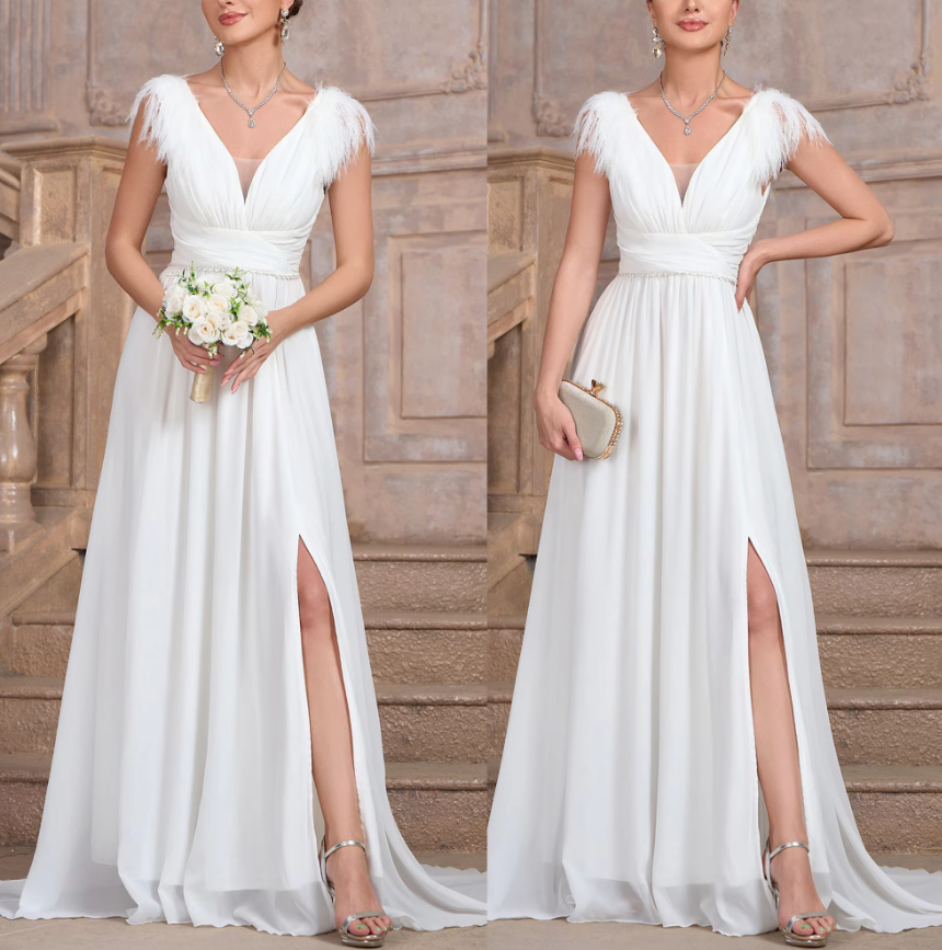 A Linie Chiffon Standesamtkleid Caja mit V Ausschnitt und Schlitz in Weiß