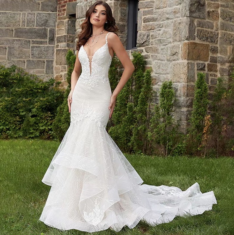 Sexy Spaghettiträger Meerjungfrau Brautkleid Christa mit Spitze Tüll Schleppe und Rückenausschnitt