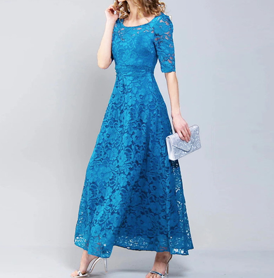 A-Linie Maxi Kleid Elegant in Blau aus&nbsp;Spitze