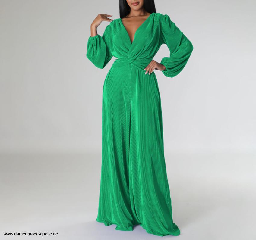 Langarm Jumpsuit Einteiler Elegant mit V Ausschnitt in&nbsp;Grün