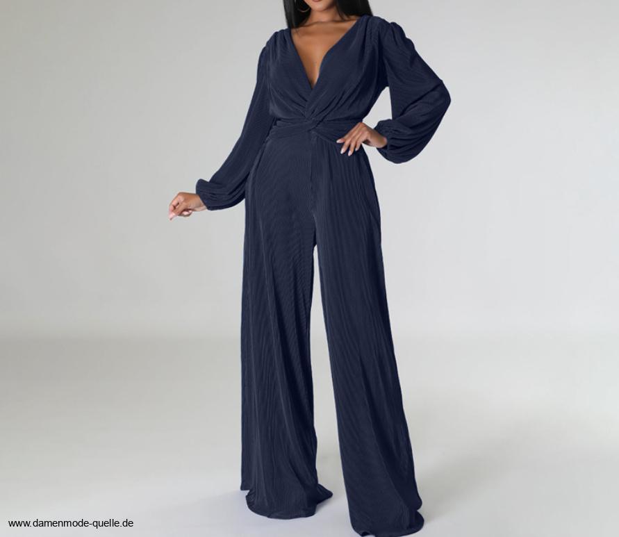 Langarm Jumpsuit Einteiler Elegant mit V Ausschnitt in&nbsp;Dunkelblau