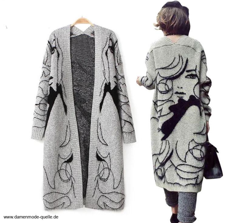 Herbst Winter Langarm Damen Strickjacke Cardigan in Silber Cartoon&nbsp;Muster