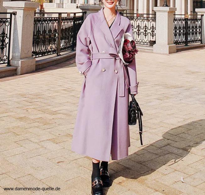 A Linie Damen Wollmantel Elegant in Flieder mit&nbsp;Gürtel