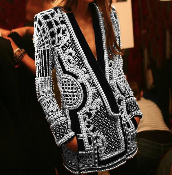 Damen Blazer Elegant und Festlich in Silber Schwarz mit Spike&nbsp;Perlen