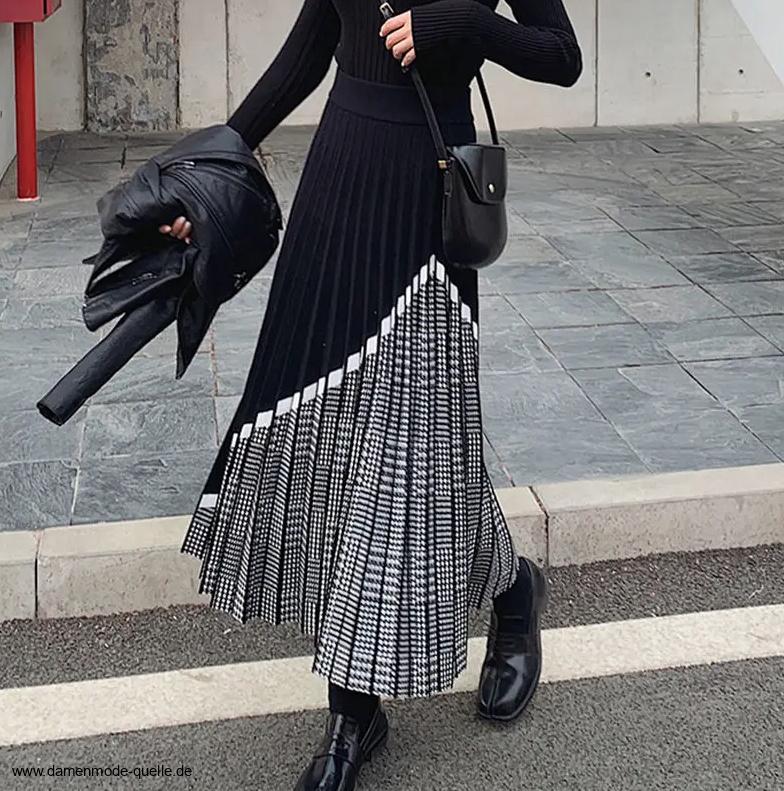 Vintage Style Plissee Rock Lang in Schwarz&nbsp;Silber