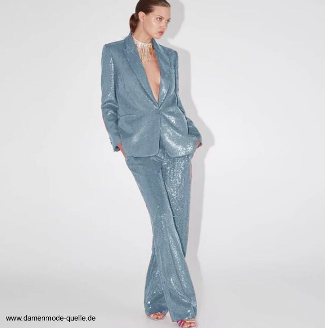 Eleganter Glitzer Pailletten Hosenanzug in Himmelblau