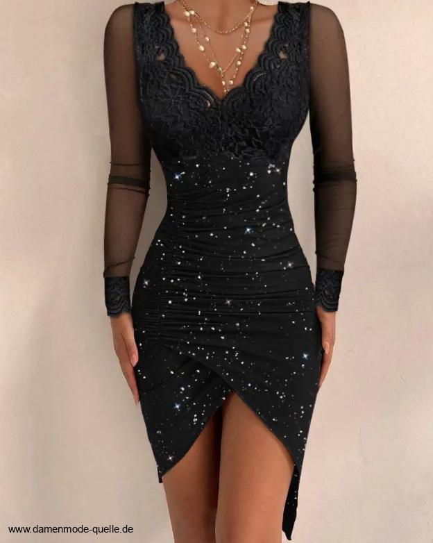 Langarm Glitzer Pailletten Bodycon Kleid Festlich in Schwarz&nbsp;Kurz