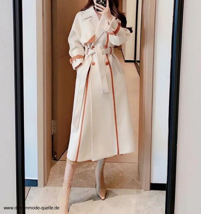 A Linie Damen Wollmantel Elegant in Weiß mit Applikationen und&nbsp;Gürtel