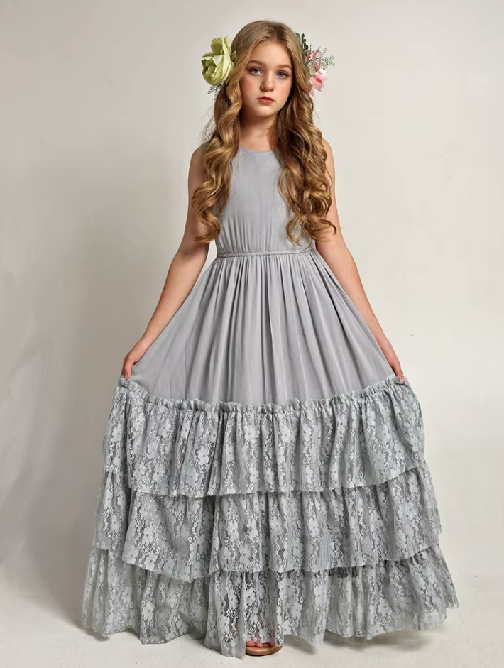 A Linie Boho Style Blumenmädchenkleid Christin Ärmellos in&nbsp;Silber