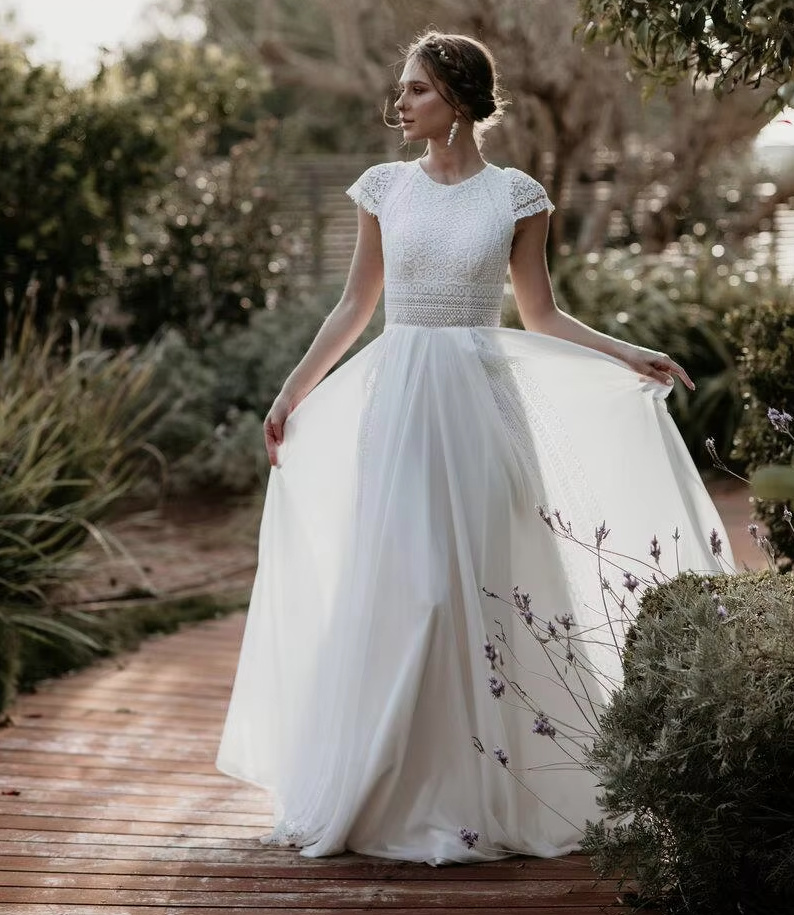 A Linie Kurzarm Boho Brautkleid Cora mit&nbsp;Spitze