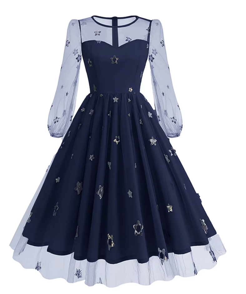 A Linie Langarm 50er Rockabilly Kleid Knielang in Dunkelblau mit Pailletten&nbsp;Blumen