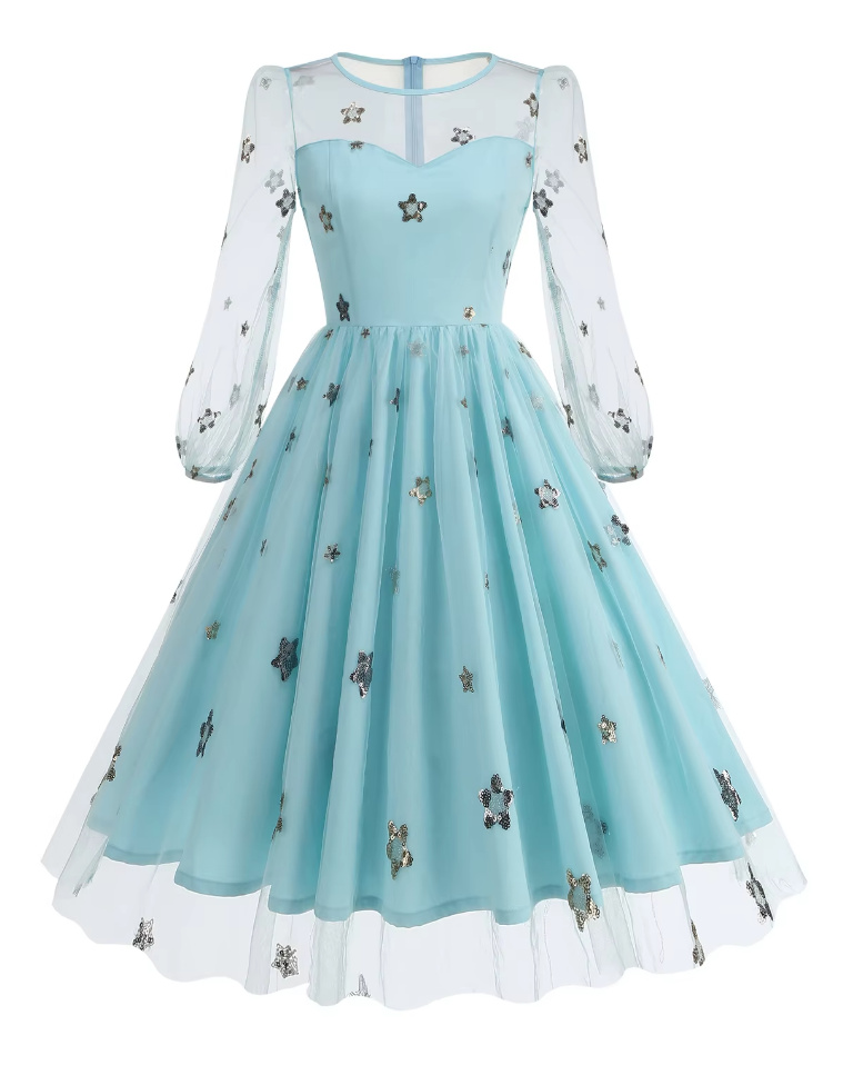 A Linie Langarm 50er Rockabilly Kleid Knielang in Hellblau mit Pailletten&nbsp;Blumen